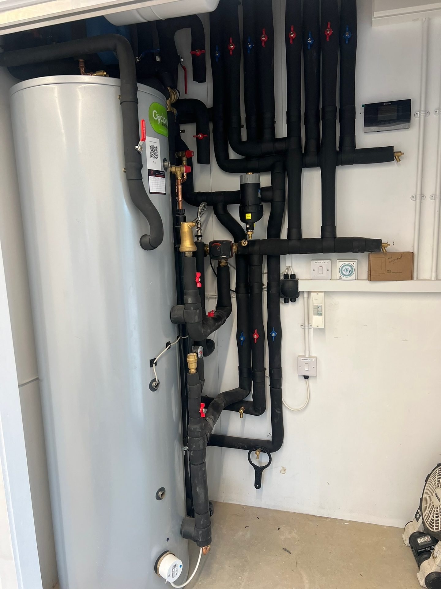 Cylinder and insulated pipework